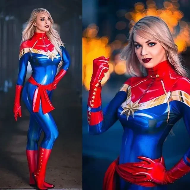 ผู้ใหญ่เด็กฮาโลวีน Carol Danvers ชุดคอสเพลย์ผู้หญิงหญิง Superhero Zentai สูทผู้หญิงบอดี้สูท Party Jumpsuits