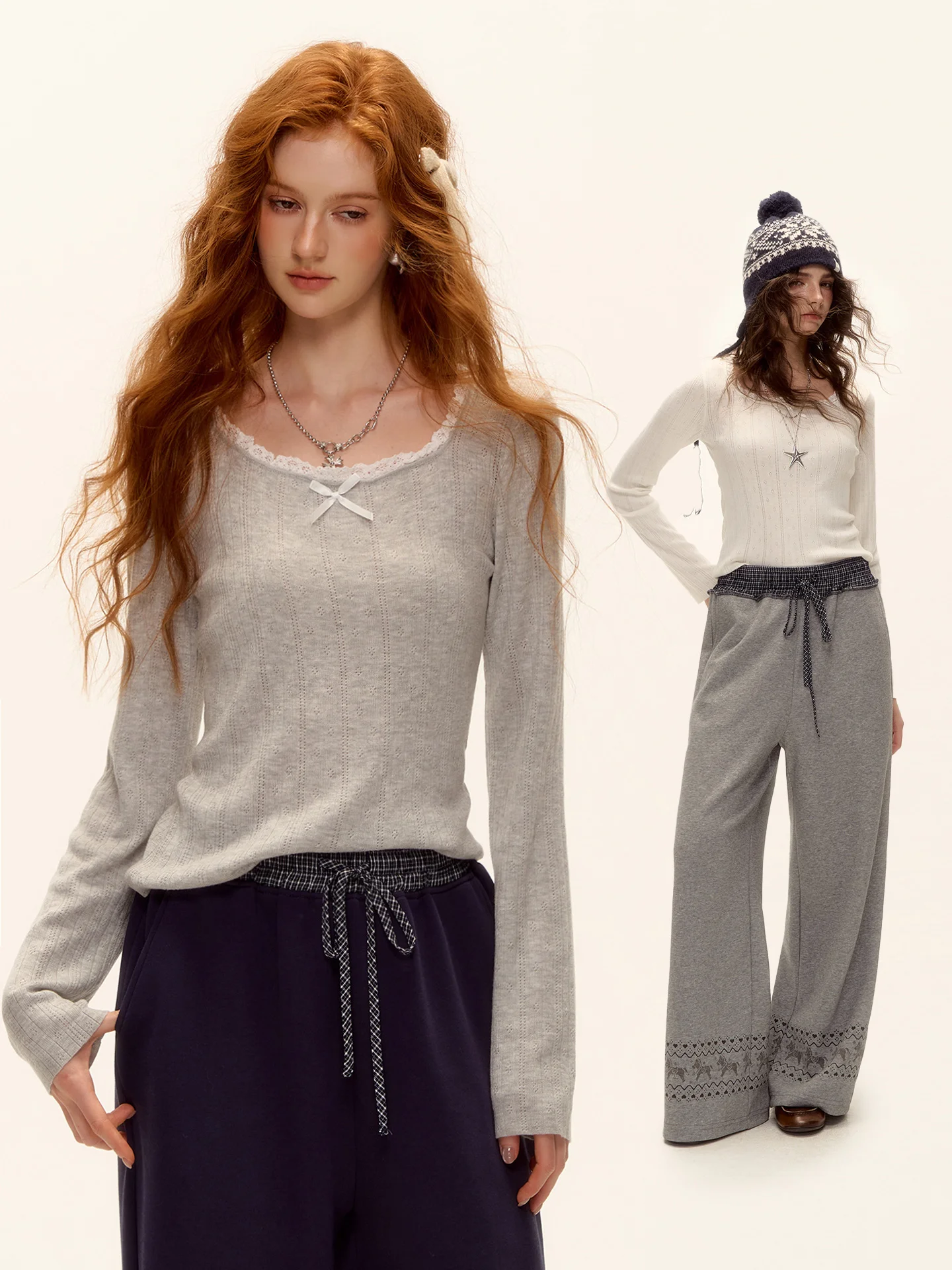 

AsGony U-Ne Lace Trim Knot Hollow Knitted Base irt Slimming Inner Wear Top Pure Desire Sle Long Sve T-irt