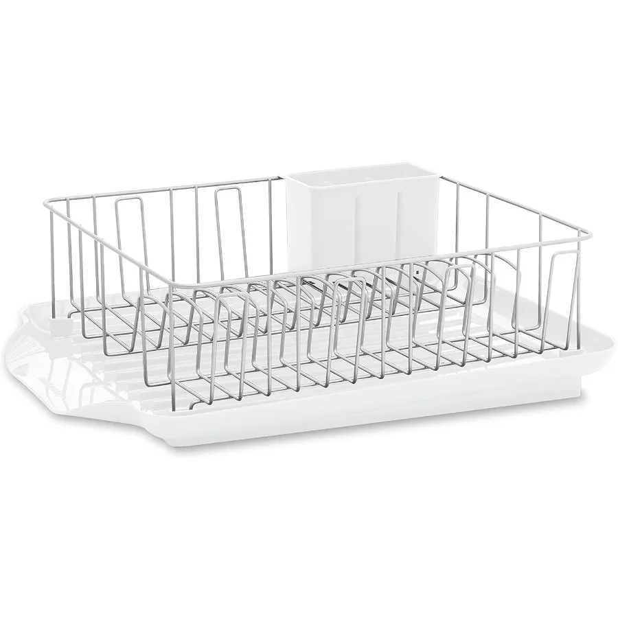

Classic Large Rust Resistant Full Dishrack with Removable 3 Compartment Flatware Caddy Andlged Drain Board 3Piece White