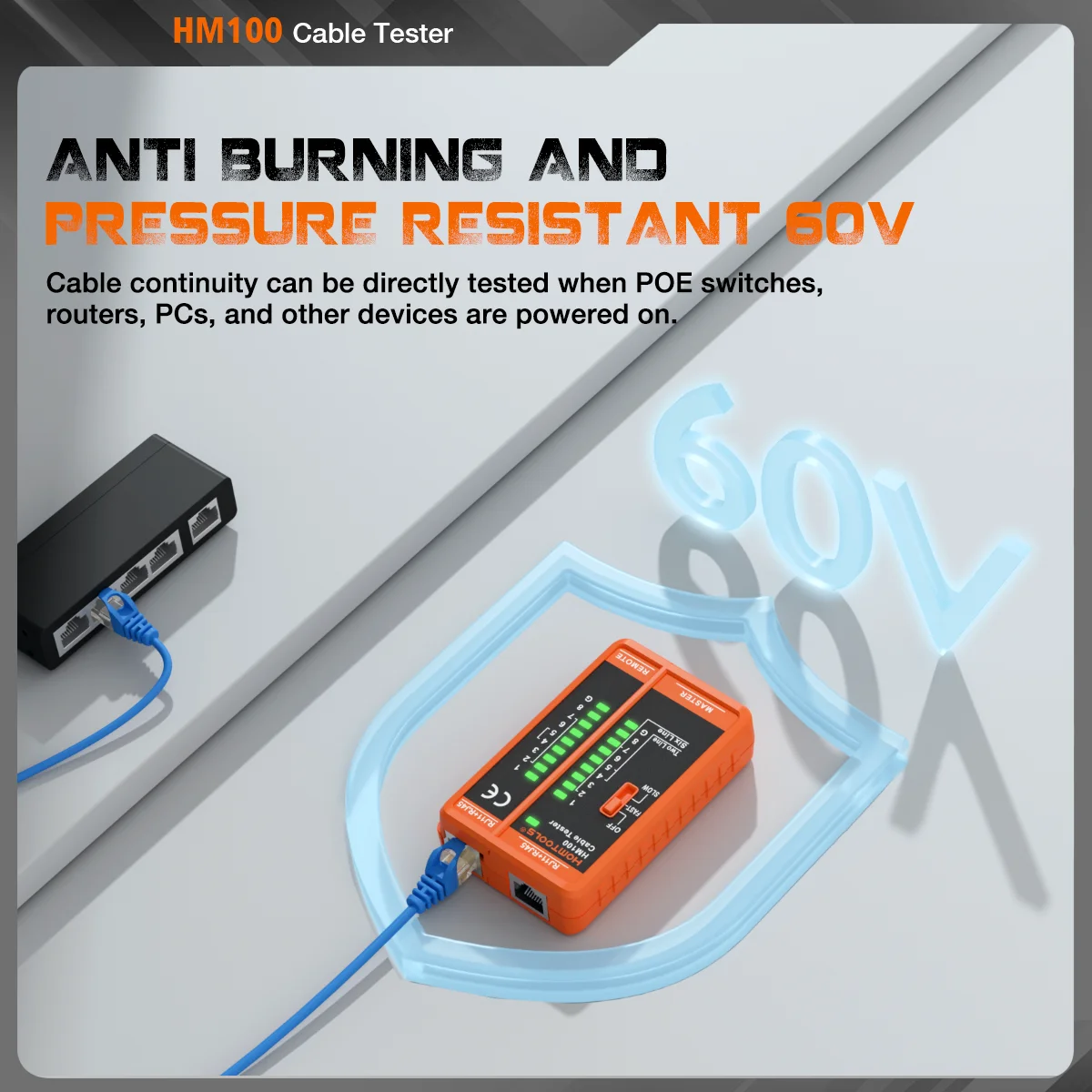 جهاز اختبار كابل الشبكة Homtools HM100 لأداة اختبار Lan RJ45 Cat5 Cat5e Cat6 Cat7 8P 6P / كابل محمي وكابل هاتف RJ11