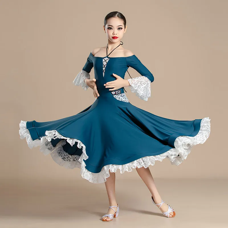 2025 Girls Ballroom Dance Waltz Dance Clothes Hanging Neck Lace Big Swing Outfit Modern Competition Performance Costumes DN22601