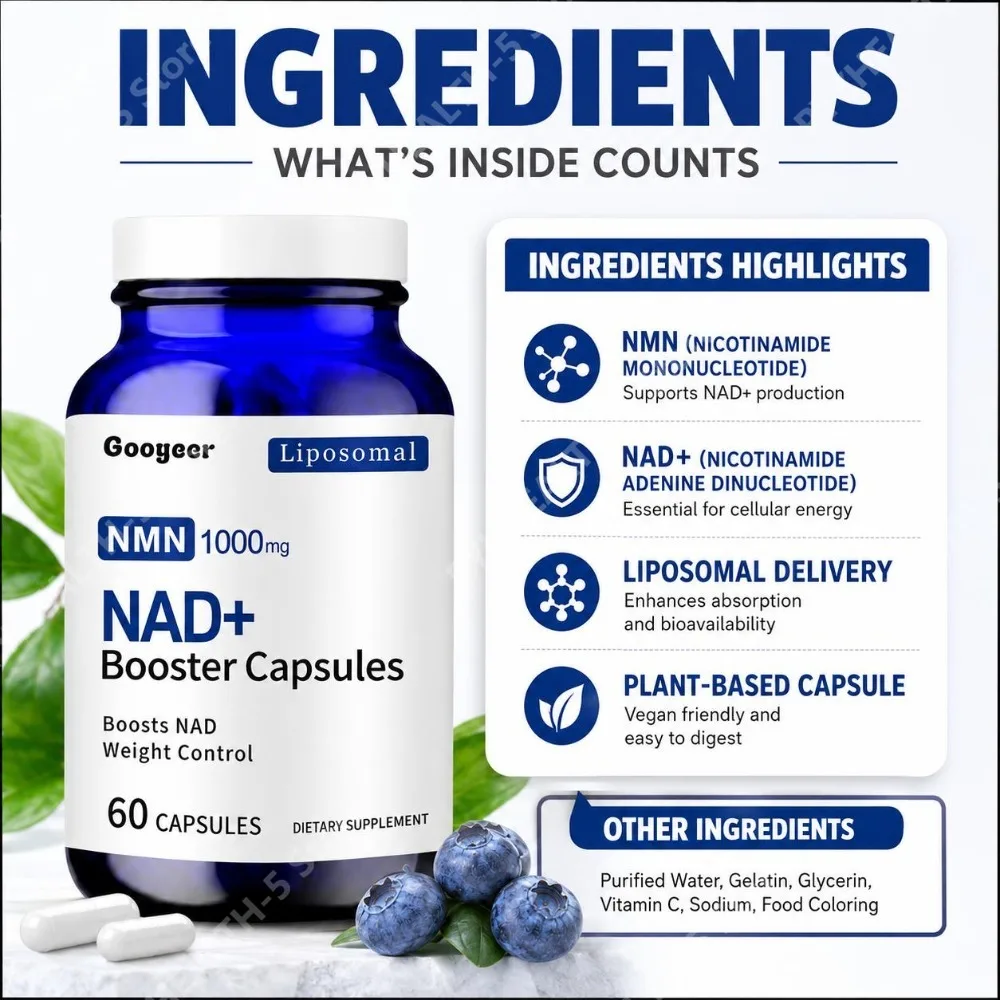 Googeer NMN 1000mg Liposomal NAD+ Support Capsules for Cellular Health, Metabolism, Antioxidant & Immune Support 60 Capsules