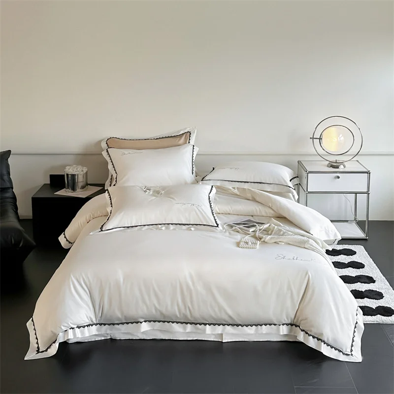 

Luxury Rhinestone Design White Bedding Set Egyptian Cotton Black Lace Duvet Cover Flat or Fitted Sheet Bedspread Pillowcases