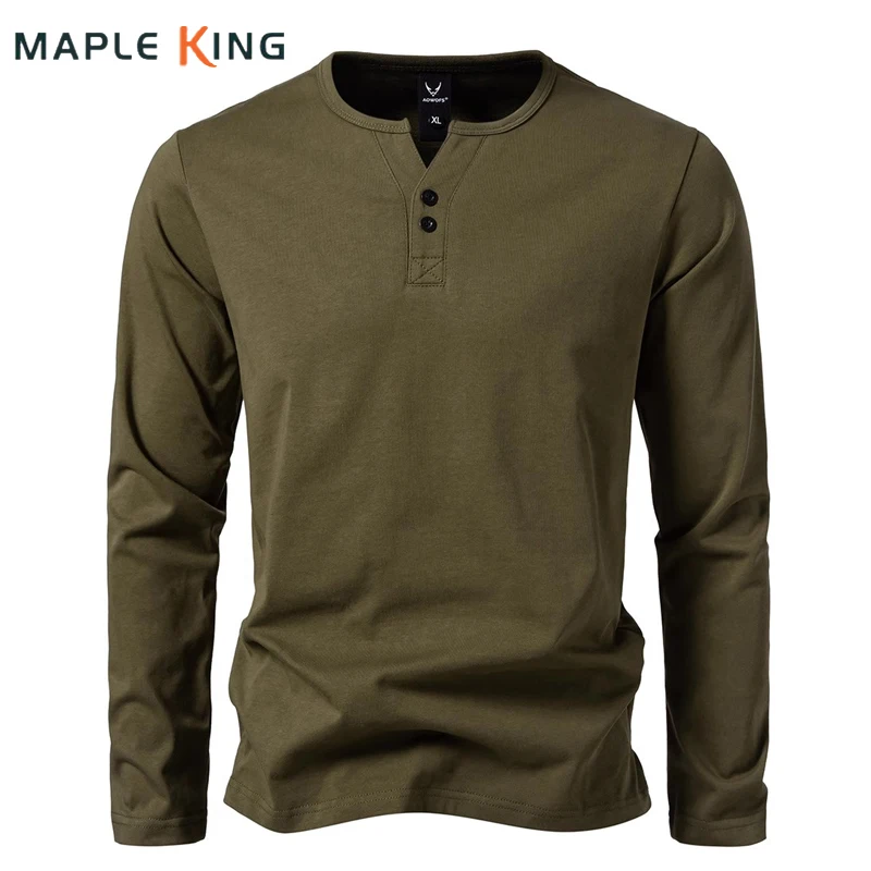 Vintage Mens T Shirt Homme Coton 100% V-neck Golf Tee Autumn Long Sleeve Button Designer Solid Color Sportwear Men T Shirts Tops