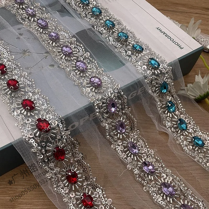 

Wholesale Rhinestone Beaded Embroidery Lace Trim DIY Wedding Gown Apparel Accessories Sequined Beads Studded Mesh Decoration