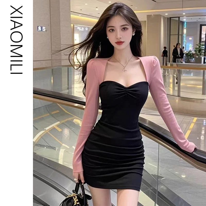 Pure Desire Sexy Contrast Color Long sleeve dress Women Winter French sle Gyaru Slim fit Hip Skirt Temperament Light Luxury...