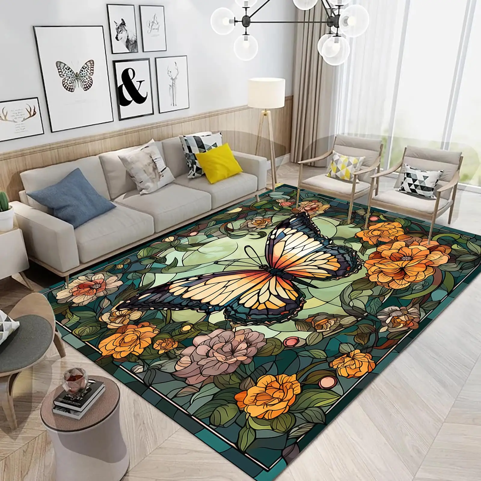 Boho Butterfly Rug for Bedside, Dream Style Carpet, Jungle Butterflies Pattern Romantic Theme Indoor Floor Mat for Living Room