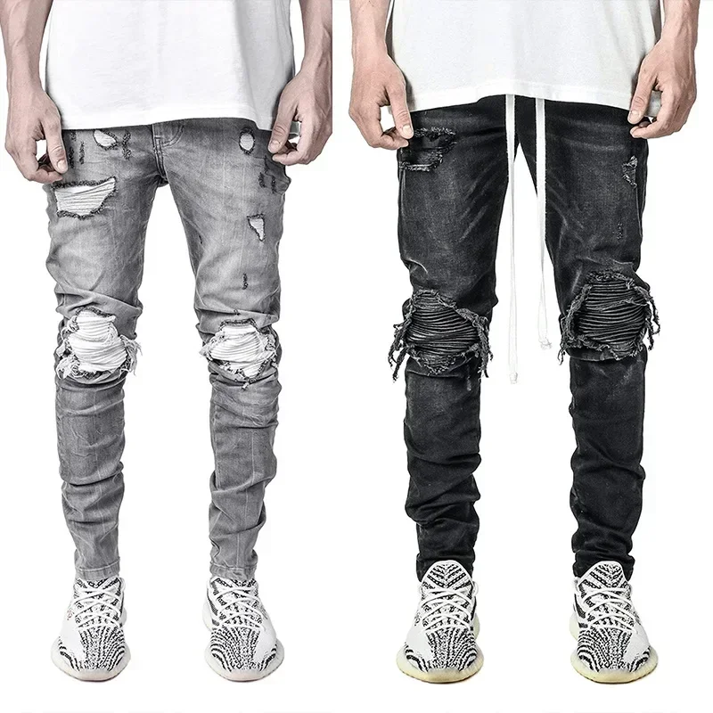 Men Jeans Denim Holes Pencil Pants Ankle Length Mid Waist Slim Solid Color Slight Strech Moto Biker Spring 2025 Pockets