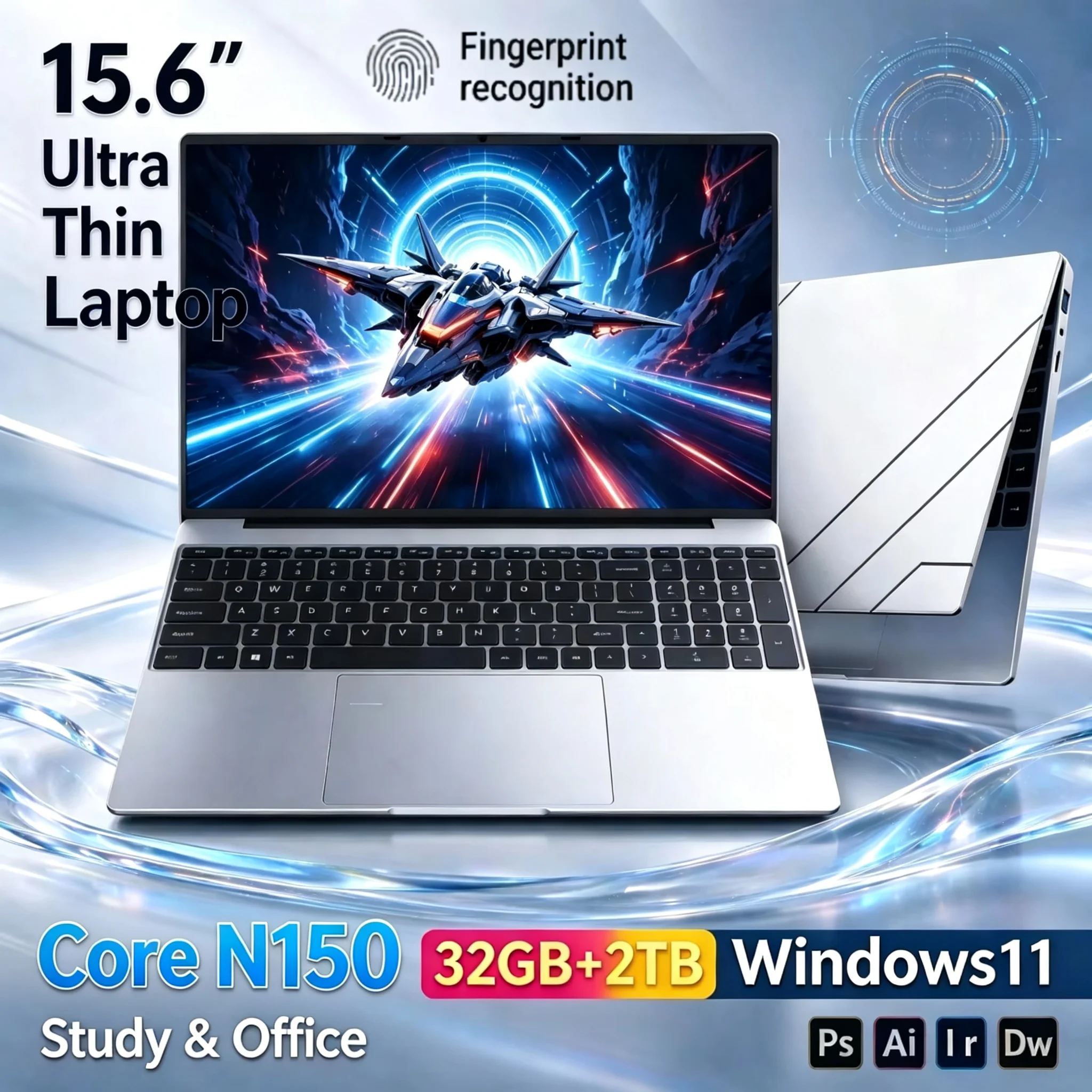 15.6'' Inch Fingerprint Unlock Notebook PC Intel N150 32GB RAM 1TB 2TB SSD Windows11 Lightweight Office & Gaming Laptop Computer