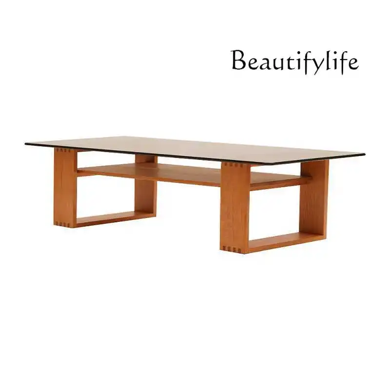 Retro Coffee Table Nordic and Japanese Style Simple Solid Wood Glass Living Room Cherrywood Coffee Table Side Table