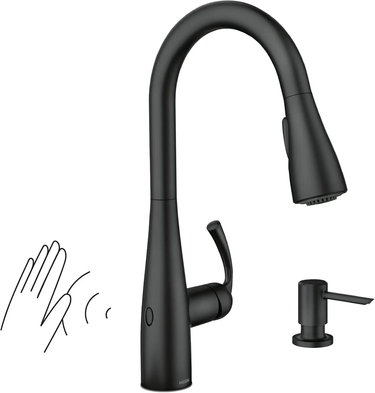 

Kitchen faucet and included matching liquid soap dispenser in a matte black finish adds a touch of sophistication to any room