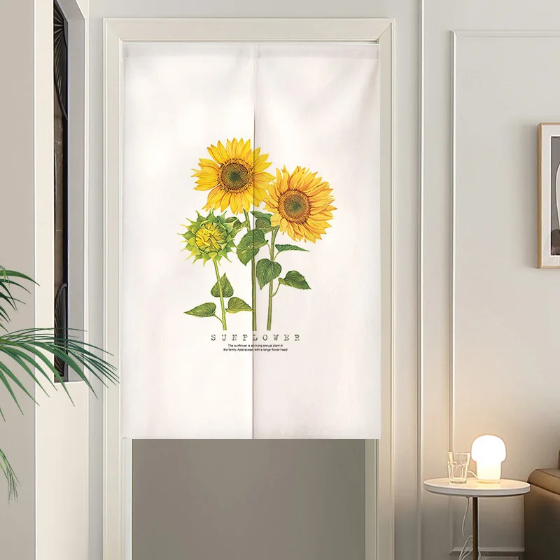 VIKAMA Sunny Sunflower Print Half-Length Door Curtain, Instagram-Style Floral Fabric Japanese-Style Door Curtain, Home Decor