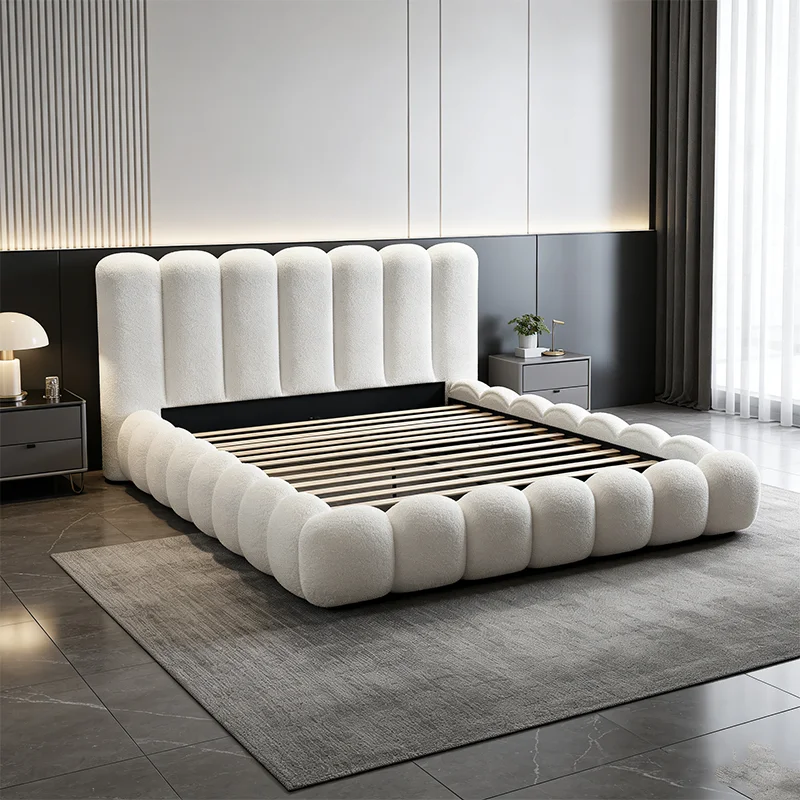 # Light Luxury Teddy Fleece Modern Cloud Bed Furniture for Bedroom with Stripe Decor and Soft Foam Headboard