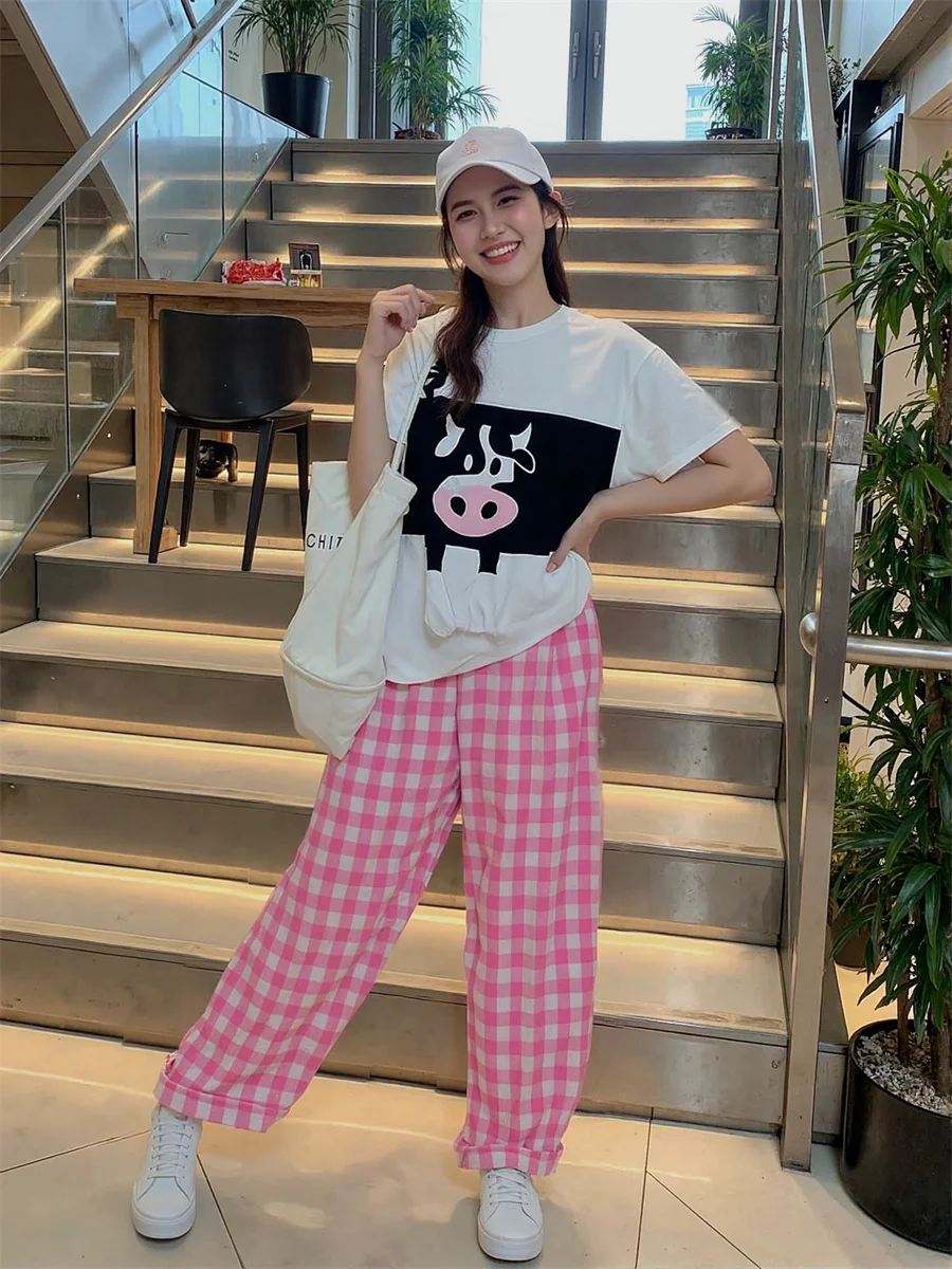 سروال نسائي فضفاض أزرق وردي منقوش على طراز الهيب هوب على طراز الشارع موضة حضرية مادة ناعمة مريحة ملابس يومية رائعة #3