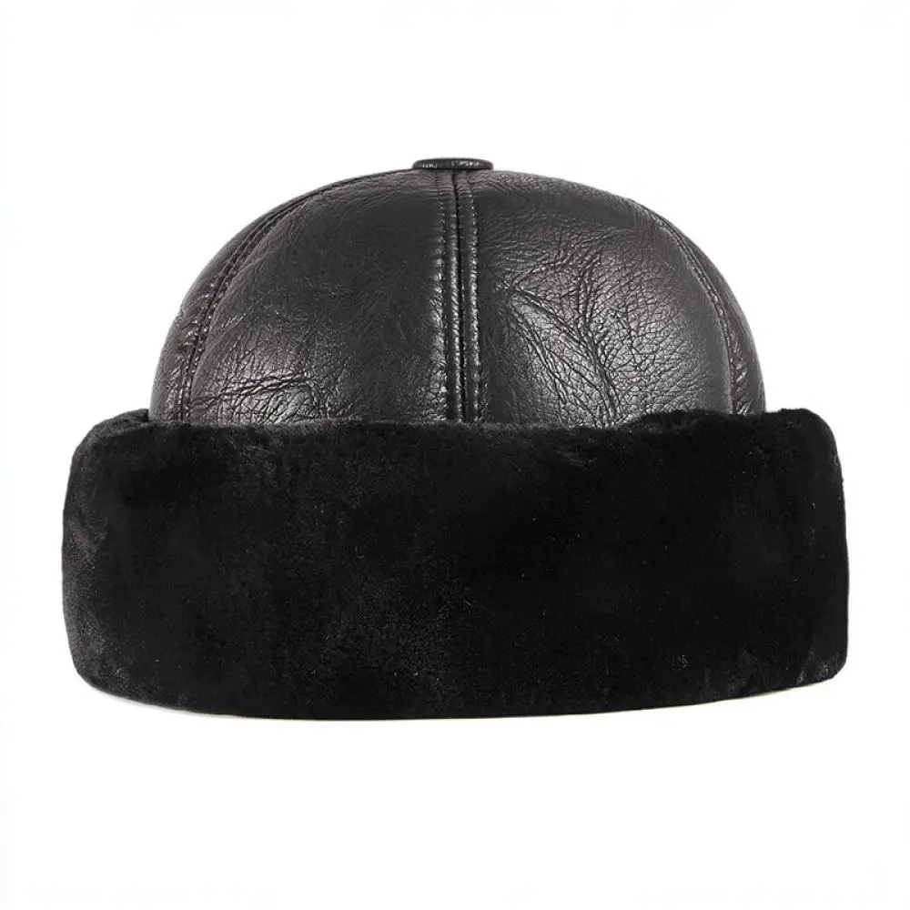 Mens Winter Faux Leather Skull Cap Warm Thickened Brimless Hat Windproof Outdoor Docker Beanie Retro Style Headwear
