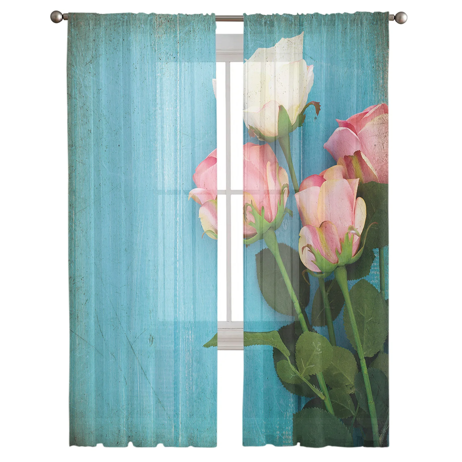 Blue Vintage Wood Grain Rose Sheer Window Curtains for Bedroom Drapes Home Decor Tulle Curtains for Living Room Chiffon Curtains