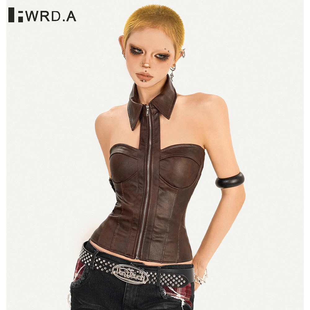 

FWRD 2025 сексуальный топ с лямкой на шее из искусственной кожи Y2K для женщин, облегающий металлический корсет, стильная уличная одежда, клубный наряд # FWRD6044