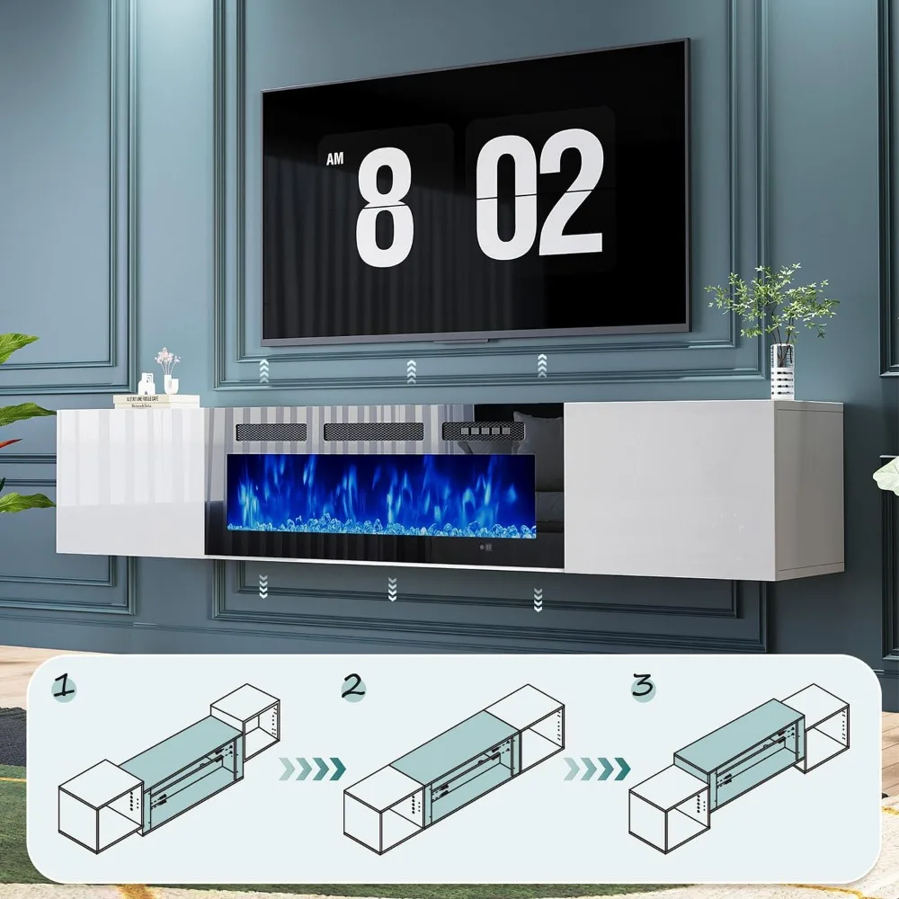 حامل تلفزيون عائم مقاس 70 بوصة مع مدفأة كهربائية مقاس 36 بوصة، مثبت على الحائط لمركز الترفيه، وحدة تحكم تلفزيون الوسائط الخشبية الحديثة مع مدفأة #3