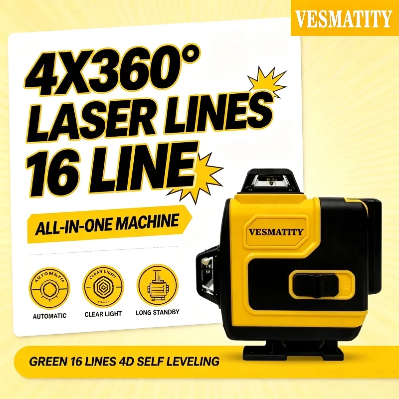 Vesmatity SPY001 4x360 Laser Level 16 Line 4D Green Self Leveling Wall Mounted Measuring Tool for Construction Pro Max Unit