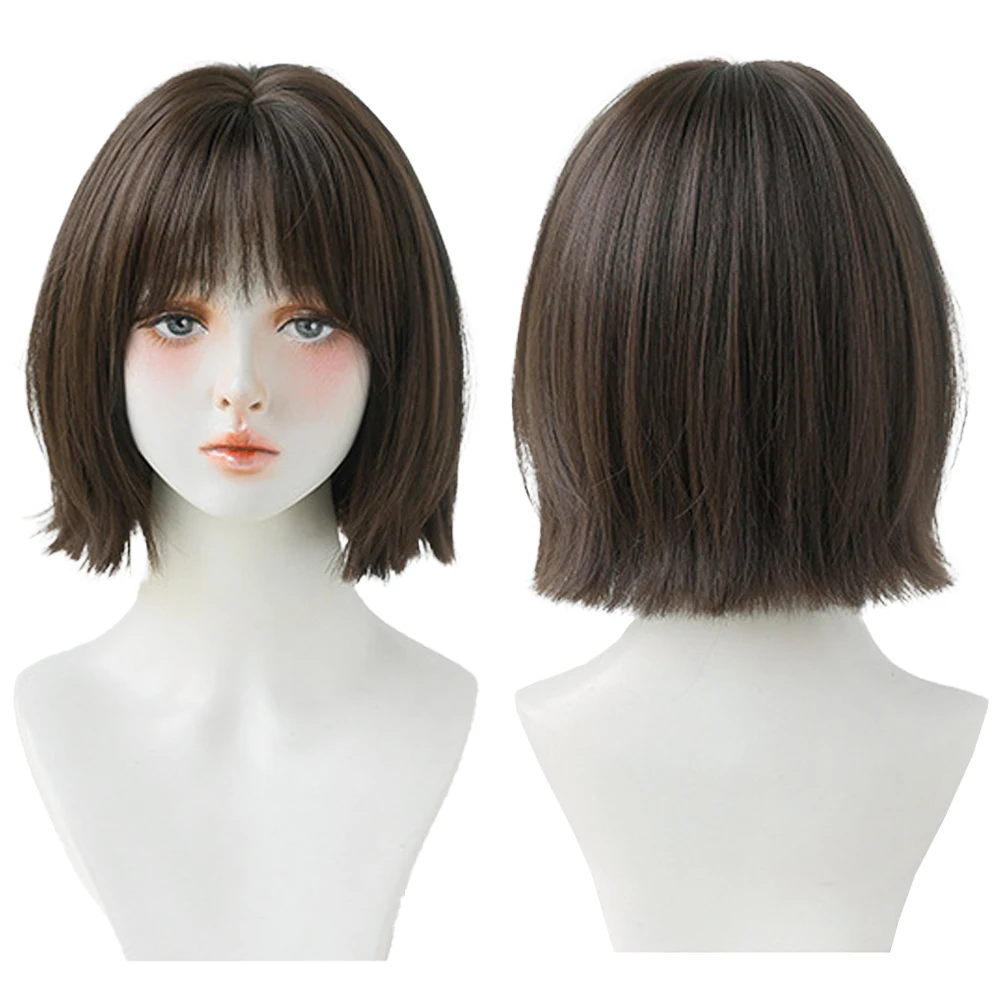

30cm Ash Brown Cool Tone Bob Wig Straight Bangs Natural Fluffy Face Slimming Short Hair for Women Daily Cosplay Party Wig
