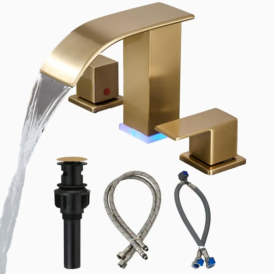 

Золотой смеситель для ванной комнаты с 3 отверстиями, широкоугольный, с эффектом водопада, для раковины, современный, с двумя ручками, матовый