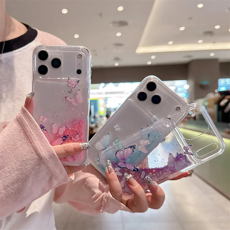 Picture 7: Butterfly Luminous Quicksand Case for iPhone 17 16 Pro Max Glowing in Dark Gloss Sand Coque Transparent Liquid Cover Funda Capas