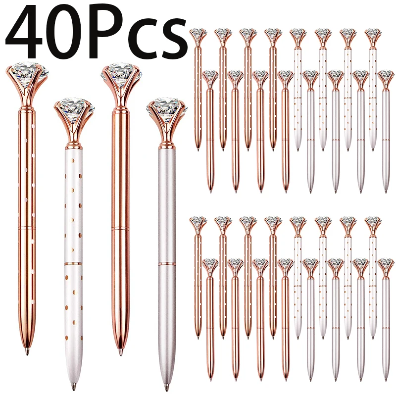 

40Pcs Diamond Pen With Big Crystal Bling Metal Ballpoint Pen Office Supplies Rose Gold/White Rose Polka Dot