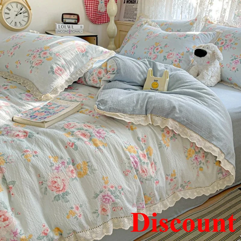 

New small fresh printing French lace lace double four-piece set bedding wrinkled yarn student three-piece set