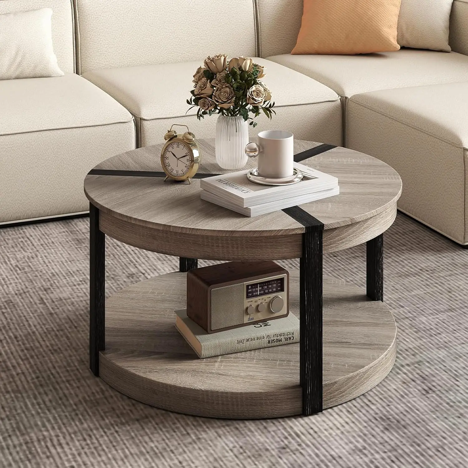 Round Coffee Table, 34.5 Mid Century Modern Circle Cocktail Accent Table with Open Storage Shelf & Rubber Wood Frame, 2