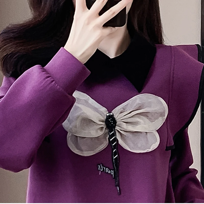 Women Cotton Mini Dresses Female O Neck Long Sleeve Large Size Elegant Autumn ​Winter 3D Decoration Black Purple Loose Vestidos