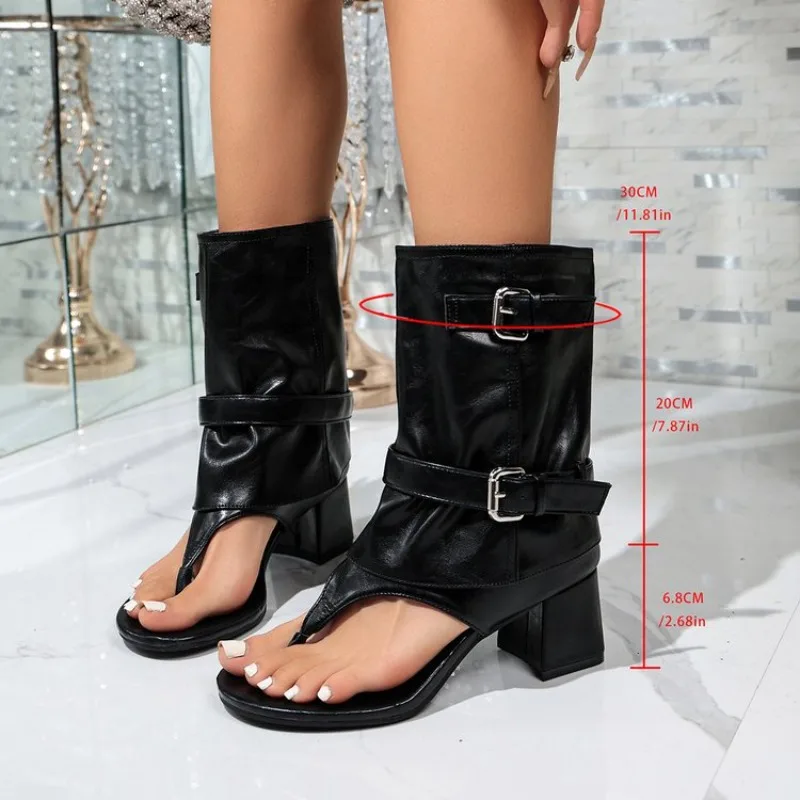 Retro Chunky Heel Toe-Clip Sandals for Women, Summer Wear, Versatile Roman Sandals with Height-Boosting Stacked Pants Tube Boots