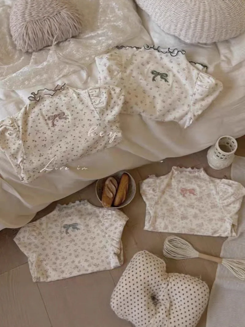 2025 Autumn New Girls Sweet Floral Bottoming Shirts Cotton Children T Shirts Bow Embroidery Toddler Baby Girl Long Sleeve Tops