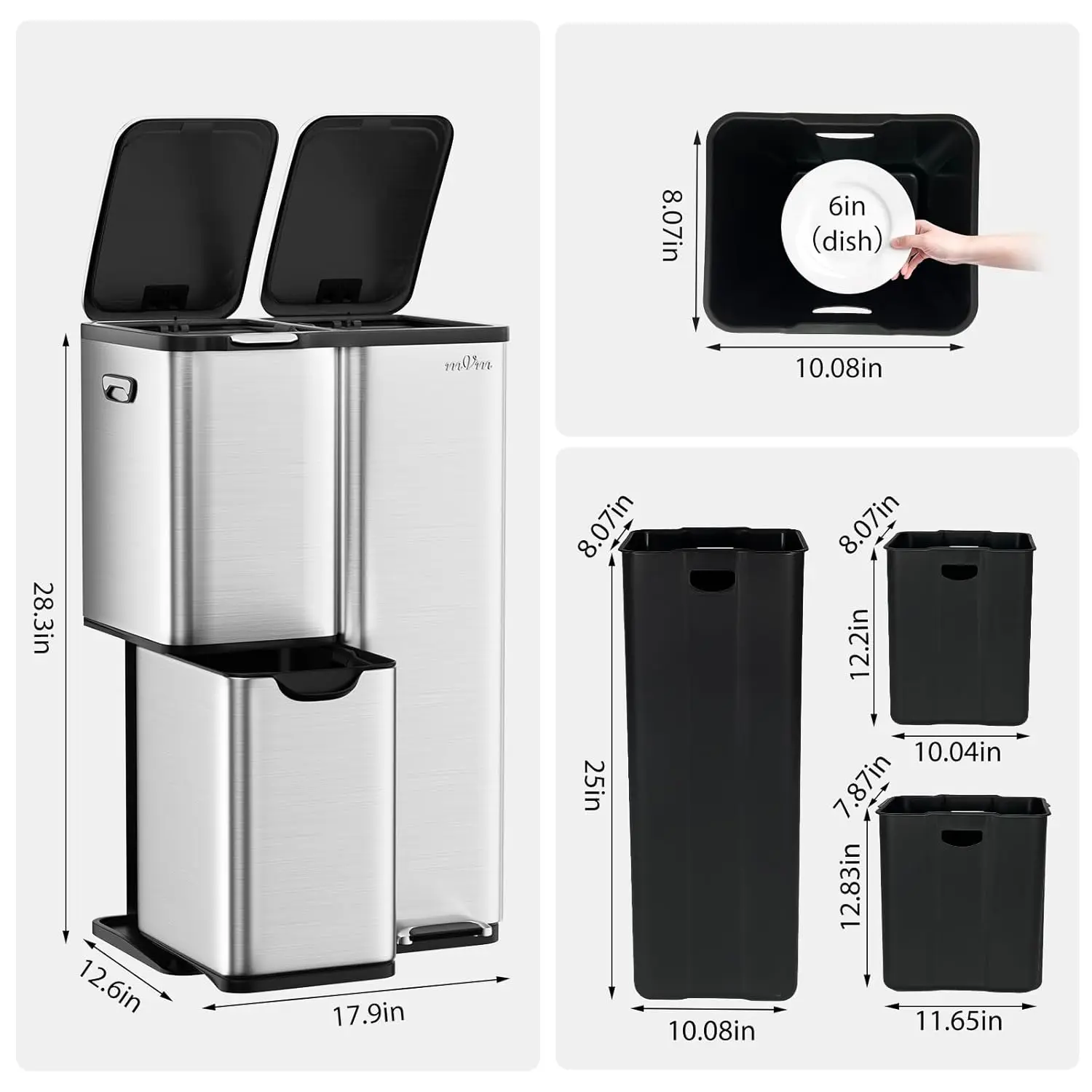 mVm 60L Three-Compartment Stainless Steel Recycling Trash Can, Kitchen Trash Can/Recycling Sorting Bin
