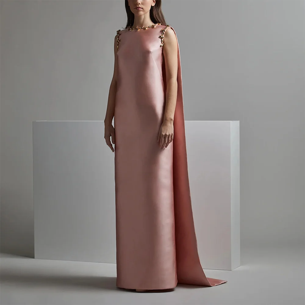 

Column Formal Evening Dresses for Women Watteau Train Sleeveless Dusty Pink Party Gowns Crystal O Neck Special Occasion Dress