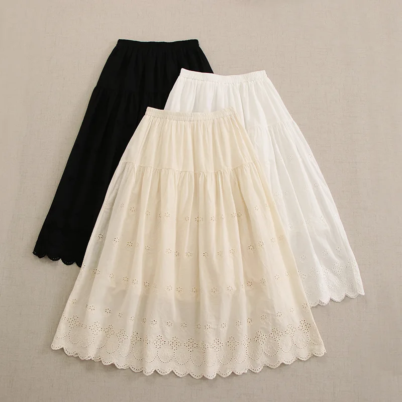 

NINI WONDERLAND 2024 Spring Cotton Embroidery Casual Skirt Summer Elastic Waist Loose A-line Skirt Women Mori Girls Style Skirts