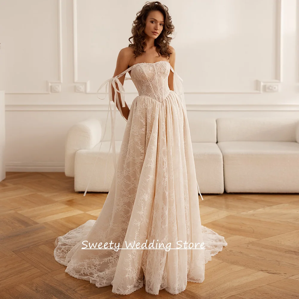 

Customized Champagne Lace Wedding Dress Off The Shoulder See Through A Line Sweep Train Corset Bridal Gown for Woman Bride
