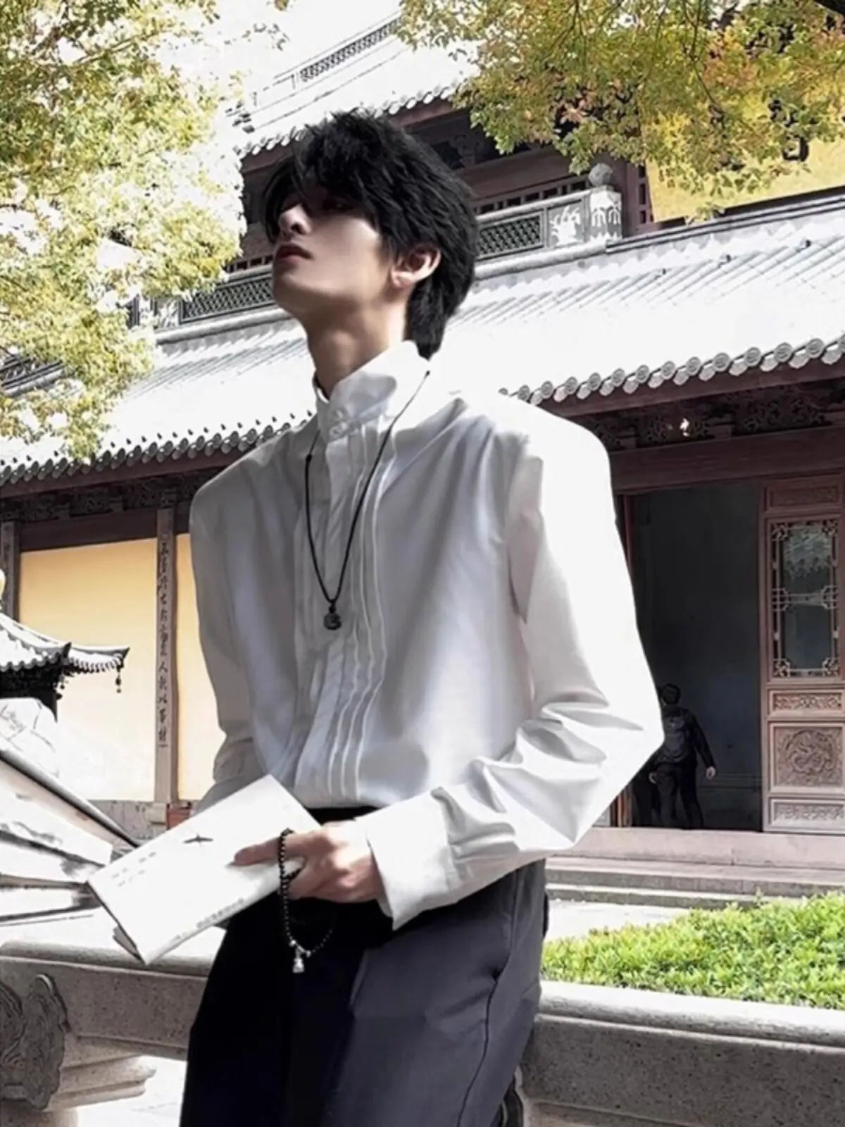 New Chinese Style Deconstructed Shoulder Pad Men's Shirt Cleanfit Silhouette Pleated Stand Collar Hanfu Inner Shirt Trendy