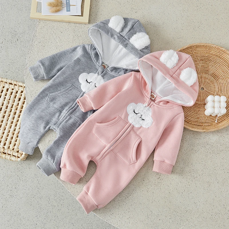 

Suefunskry Baby Fall Jumpsuit Long Sleeve Lovely Cloud Embroidery Zip Up Hooded Romper with Animal Ears Newborn Outfit 0-18M