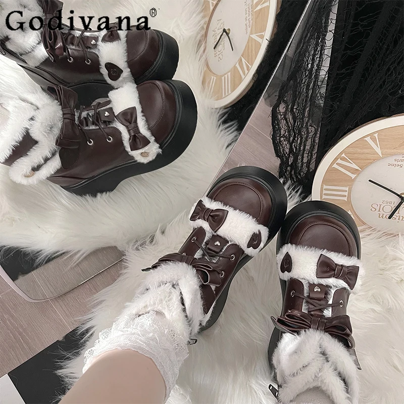 

Japanese Style Original Winter Fleece-Lined Thickened Lolita Snow Boots Sweet Cute Round Toe Thick Sole Short Boots for Women