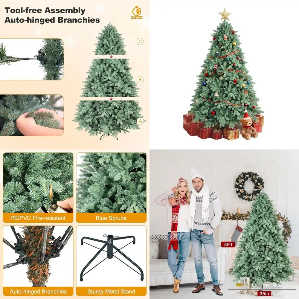 

Навесная искусственная рождественская елка из синей ели длиной 5 футов с 11794 огнестойкими наконечниками, складная основа для праздничного домашнего декора