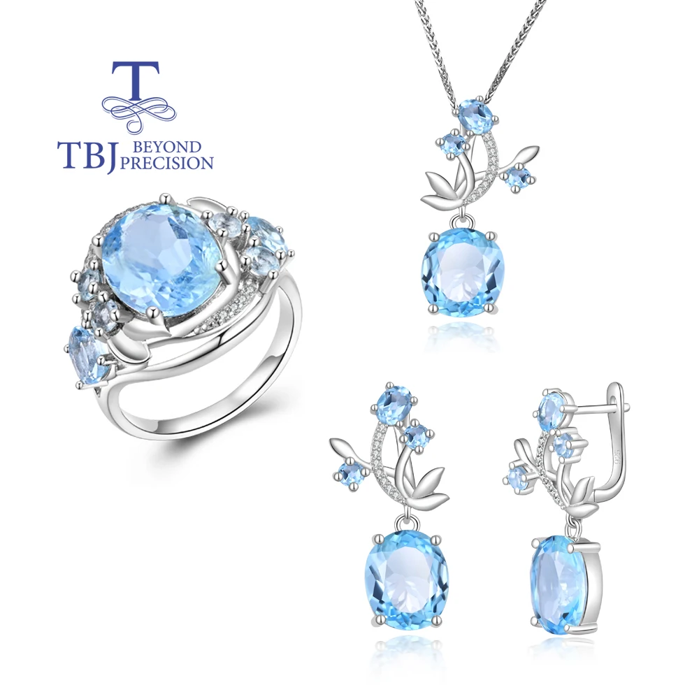 S925 silver jewelry set earrings ring pendant necklace natural sky blue topaz fine jewelry for women nice birthday party gift