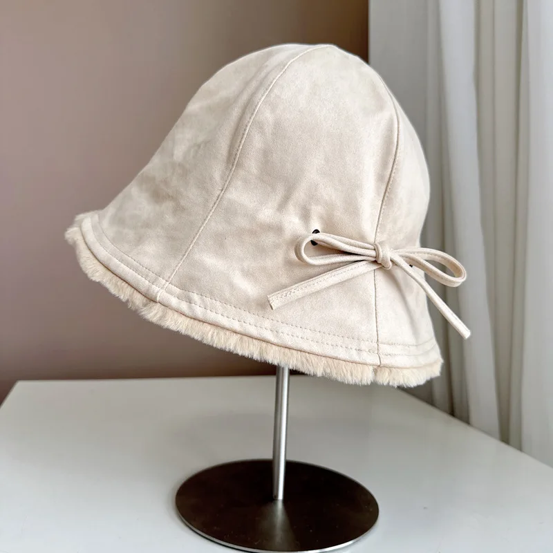 Bucket hat Women's autumn and winter wool thickened warm fisherman hat drawstring bow basin hat KJ20241064