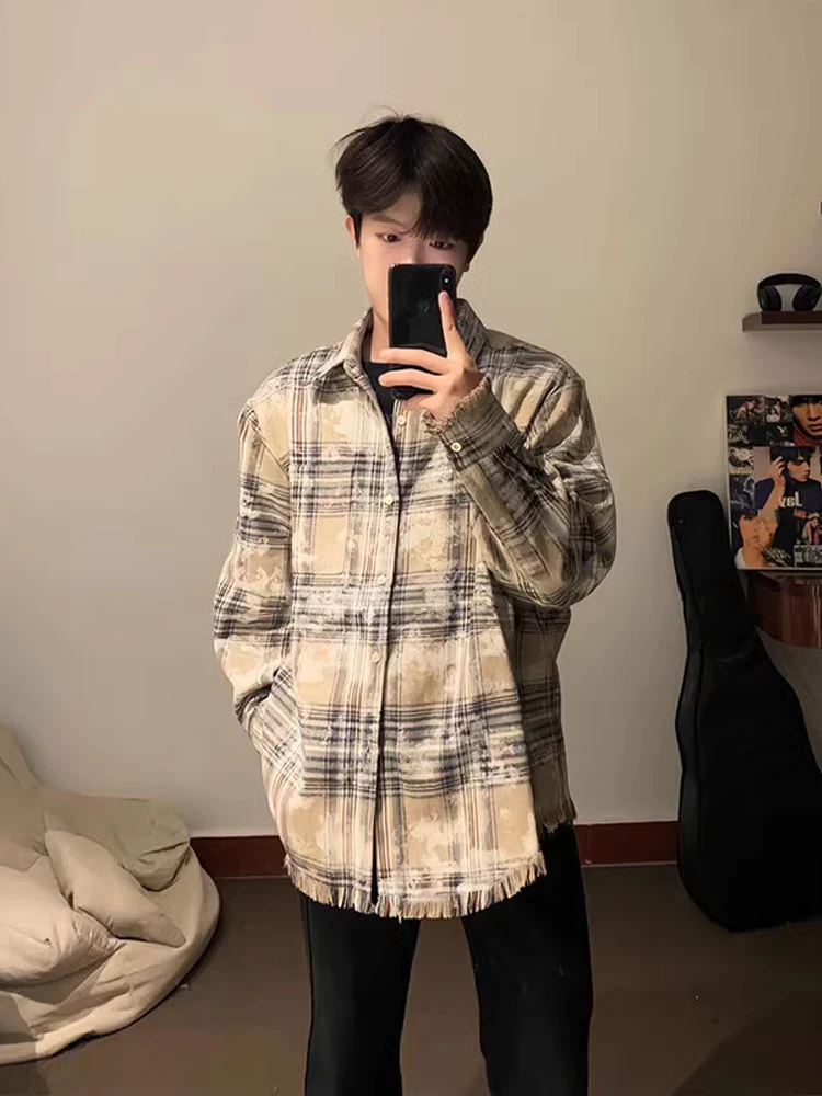 

Корейская клетчатая рубашка в стиле SLE для мужчин: новинка весенней коллекции с эффектом потертости, создающая ощущение премиум-класса, повседневная модная верхняя одежда