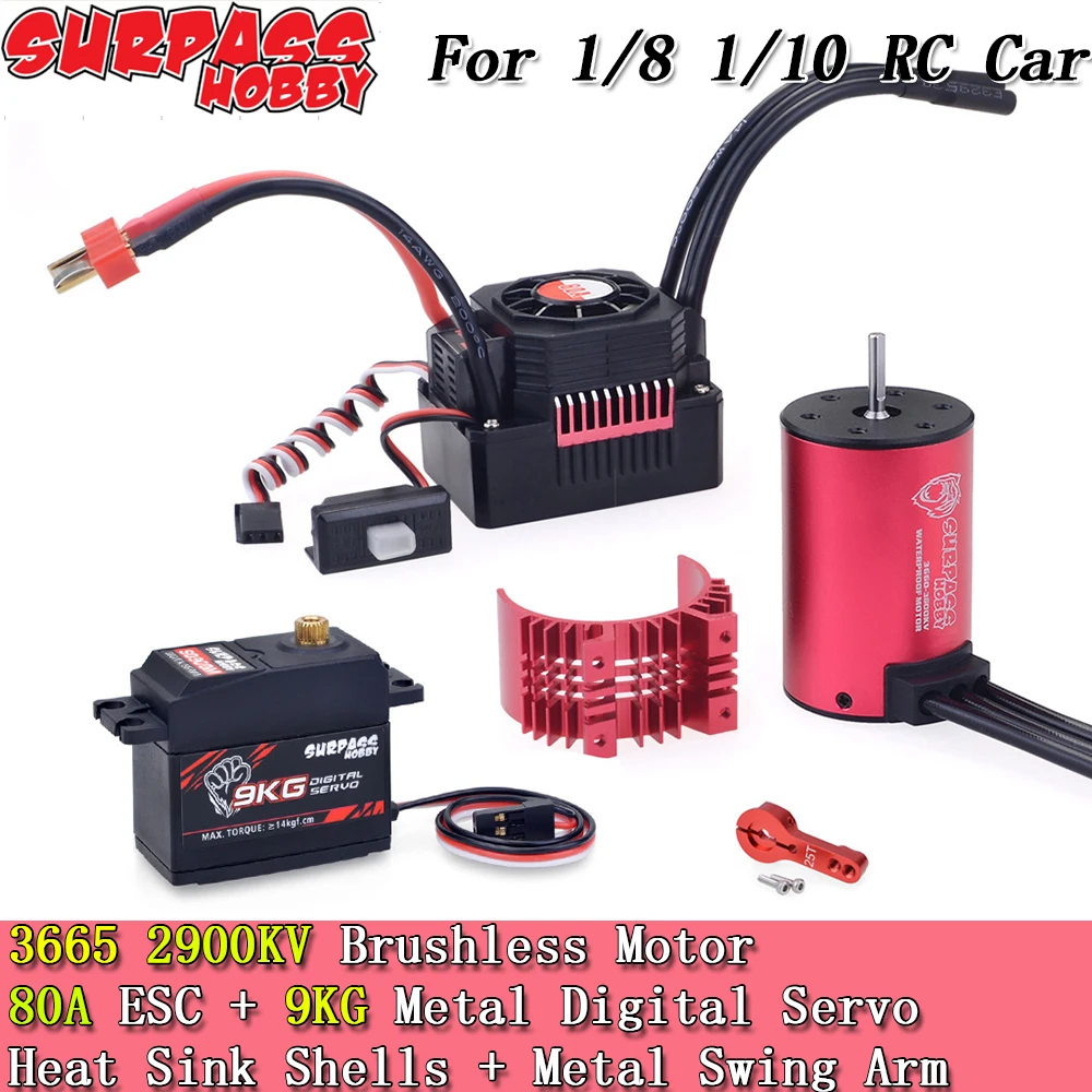 Surpass Hobby Combo Brushless Motor 3665 2900KV+80A ESC+ 9KG Metal Servo+Metal Swing Arm+Heat Sink Shells for 1/8 1/10 RC Car