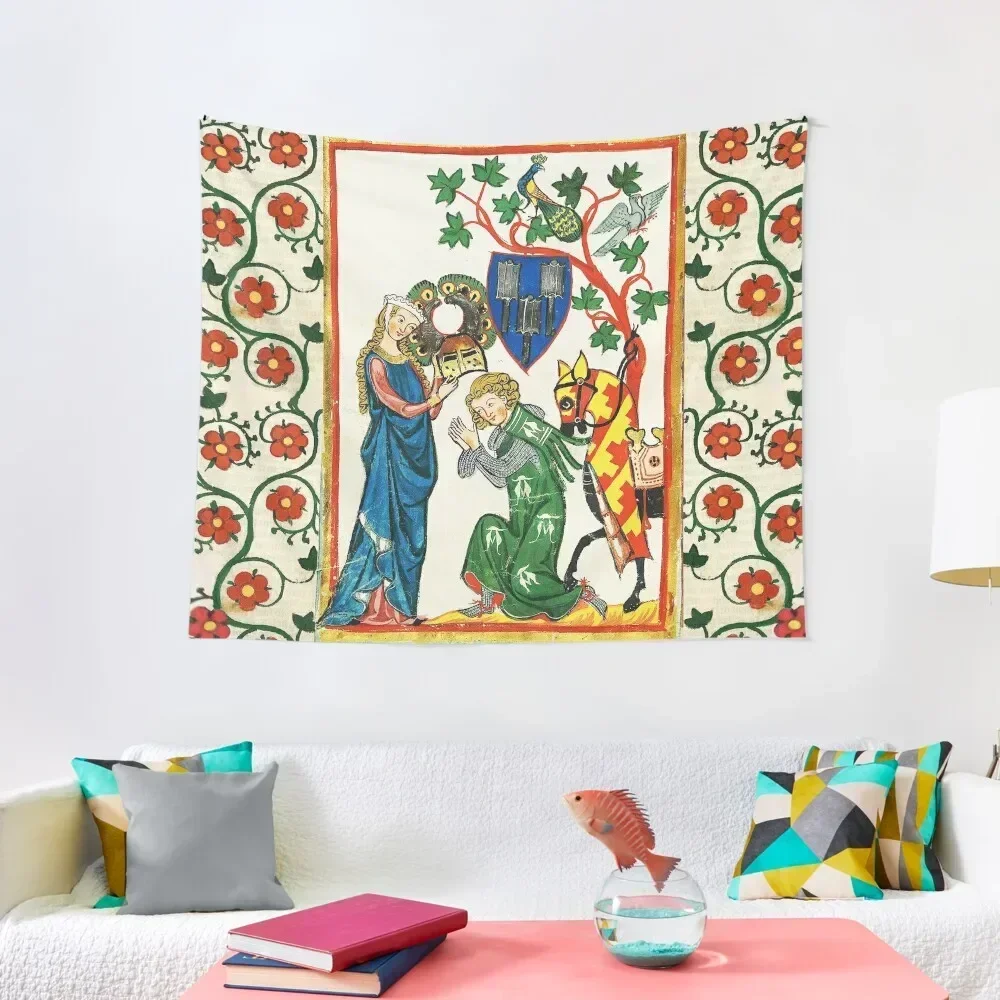 KNIGHT BEING ARMED BY HIS LADY ,MEDIEVAL MINIATURE WITH WILD ROSES Tapestry Wall Decorations Tapestry