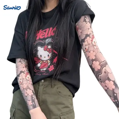 A Pair Hello Kitty Ultra-Thin Seamless Ice Sleeve Tattoo Design SunscreenUV ProtectionCuff Unisex Material Resistant Accessories