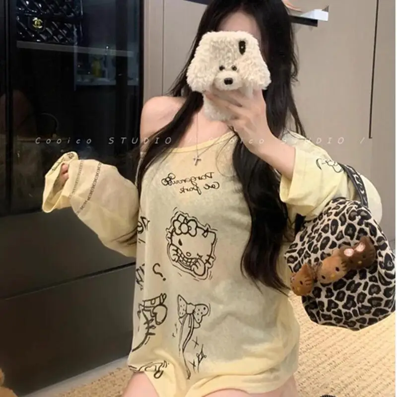 أنيمي مرحبا كيتي امرأة ملابس الشباب النساء الشمس حماية الكرتون طويلة الأكمام تي شيرت لطيف نمط بلايز الخريف الملابس النسائية