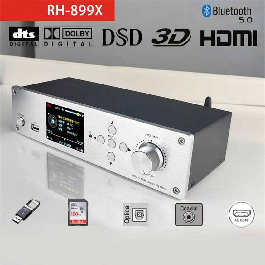 RH-899X SD Card Lossless Decoding Player HDMI Fiber Coaxial 5.1 Channel DTS Dolby Decoder Bluetooth 5.0