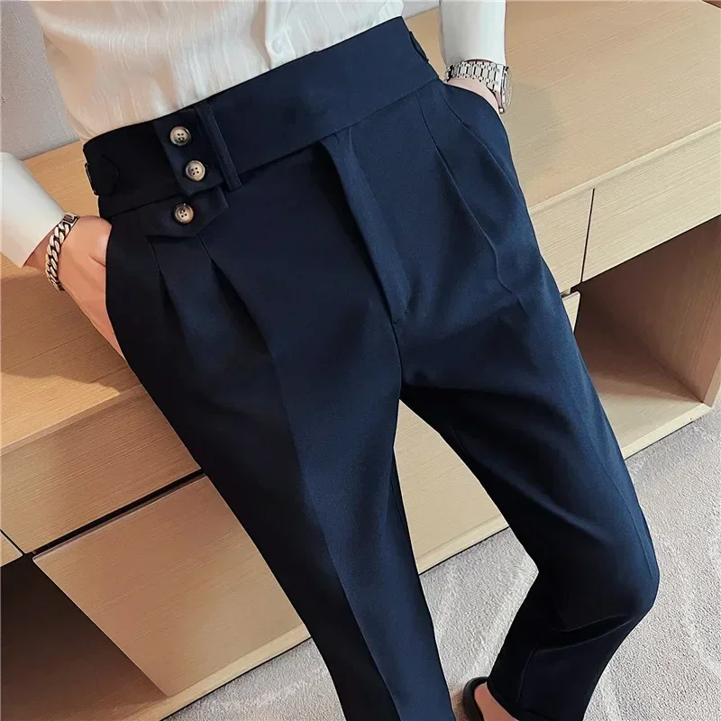 Pantalones de vestir de cintura alta de estilo británico para hombre, pantalón informal de Color sólido, traje Formal ajustado, ropa de moda, otoño,