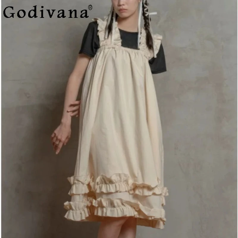 

Новое весенне-летнее японское платье на бретельках с кружевом, свободного кроя, с пышной юбкой, модное, с завышенной талией, А-силуэт, универсальное, милое, для девочек